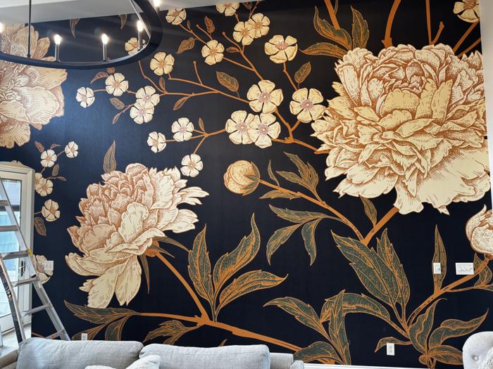 Dramatic navy peony mural