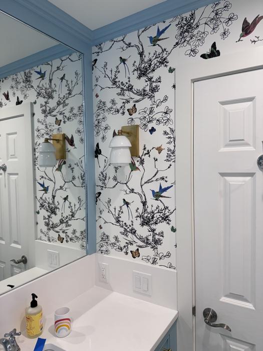 Birds and branches bathroom with blue trim