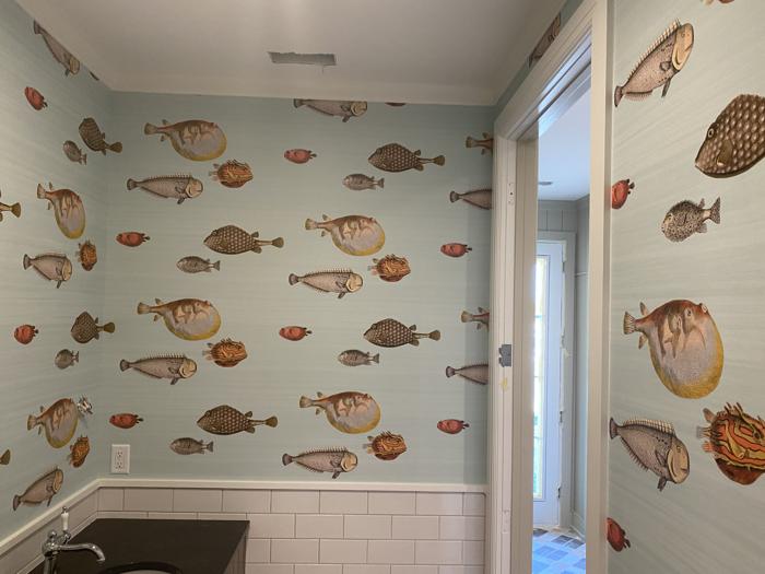 Whimsical fish print in a bathroom