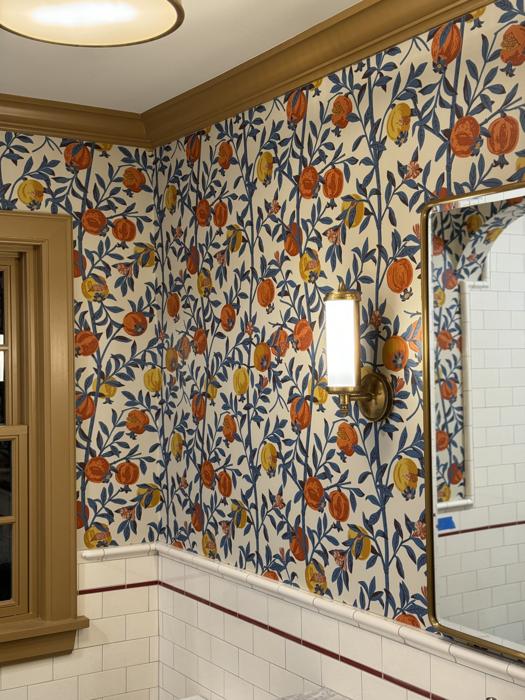 Orange and blue fruit print bathroom