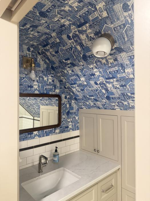 Blue and white village toile on walls and ceiling