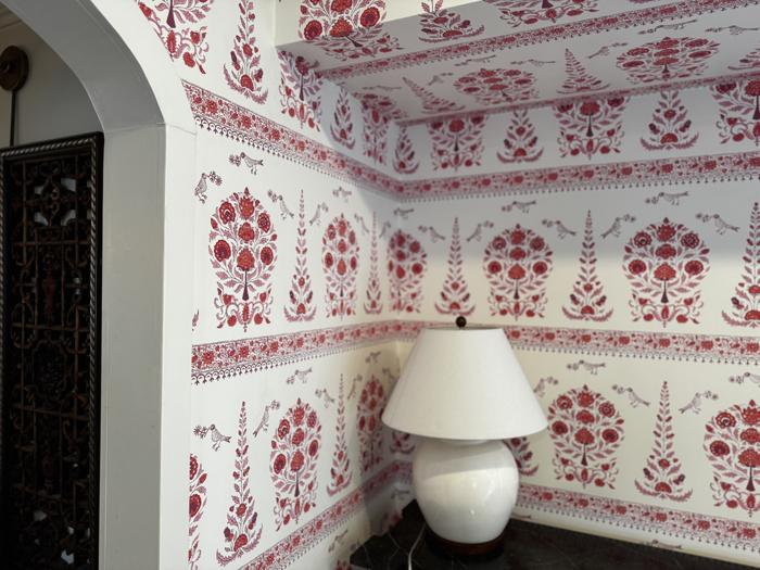 Red and white block print on walls and ceiling