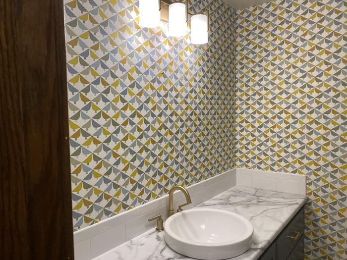 Geometric bird pattern in a bathroom
