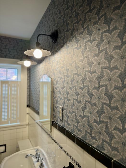Blue leaf print in a vintage tile bathroom